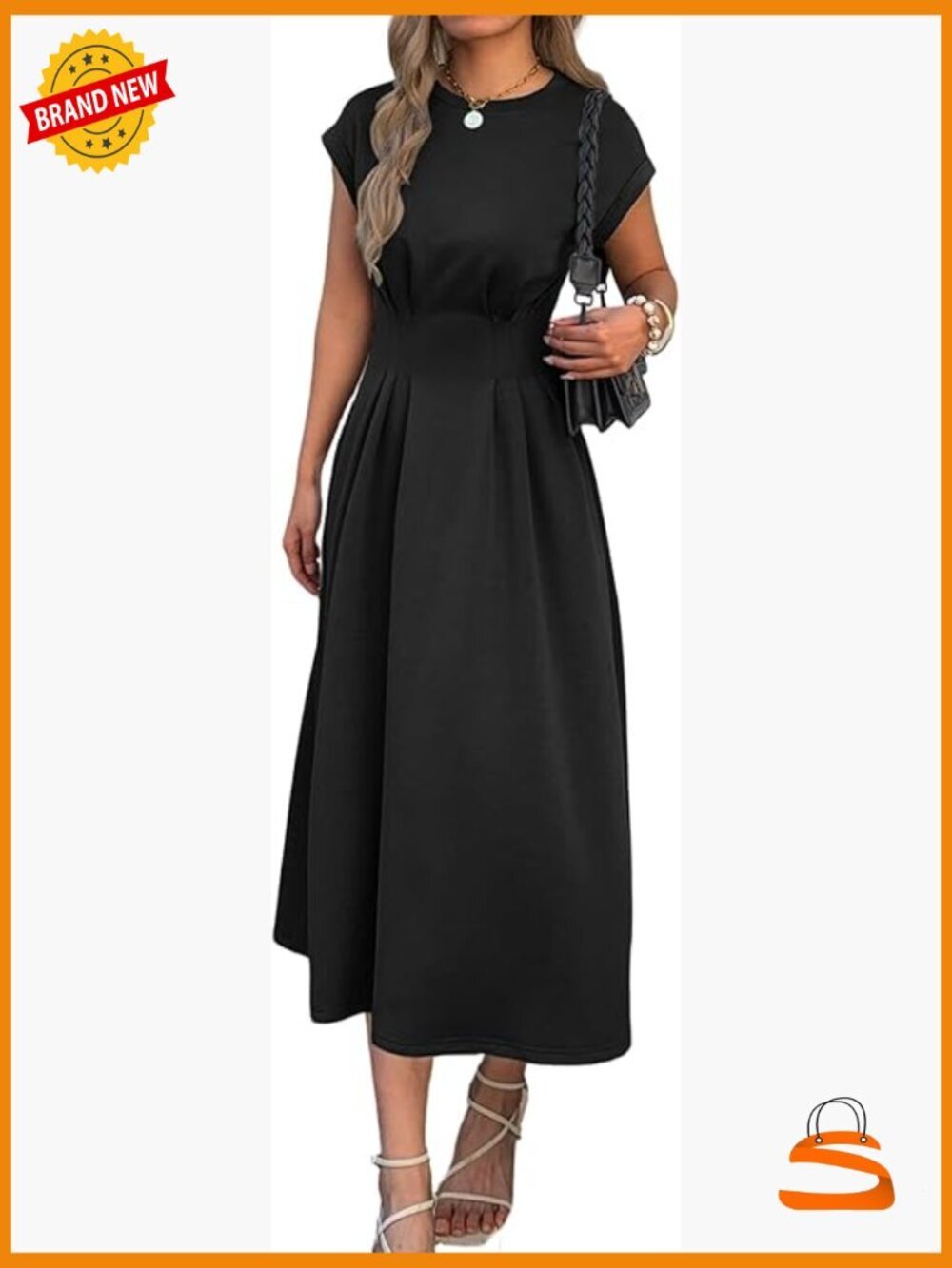 Casual Maxi Dress Cap Sleeve Crewneck Ruched Waist Work Long Tshirt